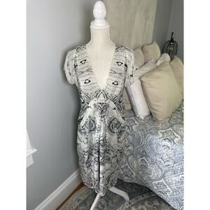 Brian Reyes Silk Dress Size 10 | Abstract Print Deep V Neck Designer Midi